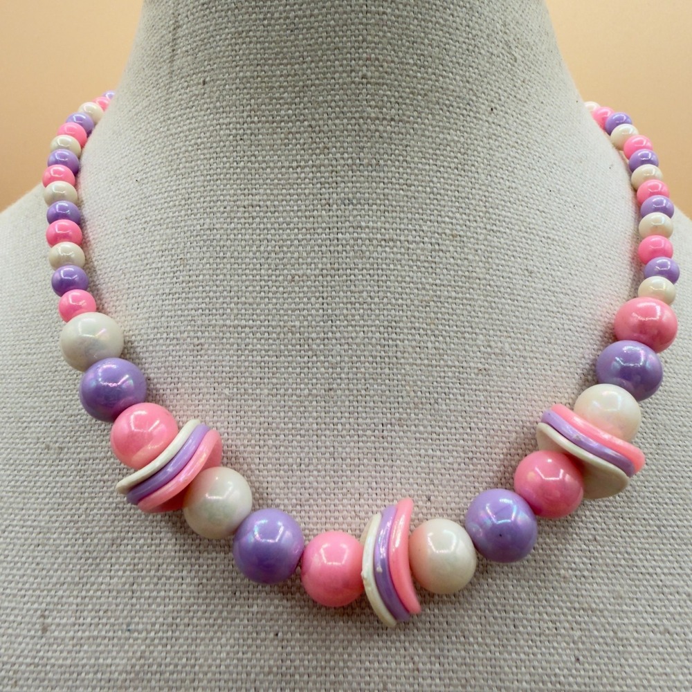 Pink Lavender Ivory Beaded Necklace Chunky Pastel Mod Statement Vintage Jewelry